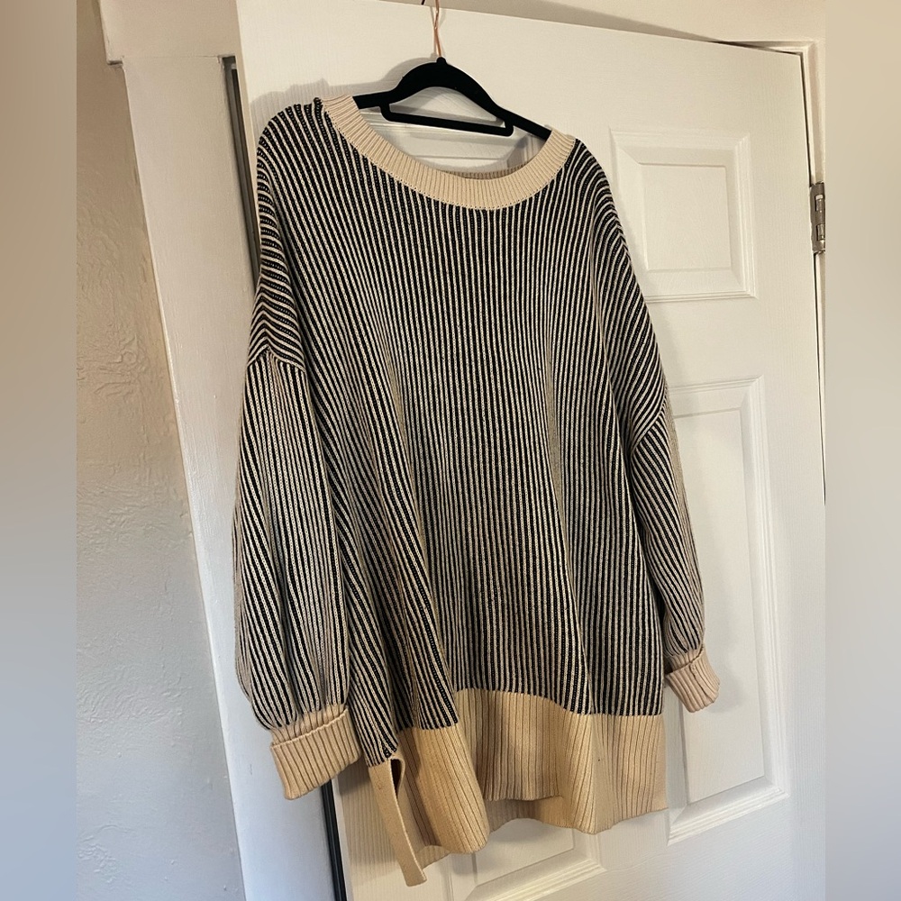 LOFT Dark Gray and Cream Striped Sweater